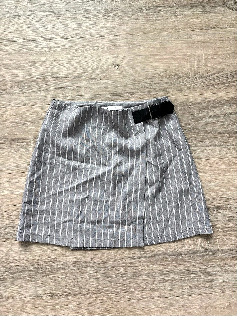 ASOS Striped Mini Wrap Buckle Skirt in Gray & White